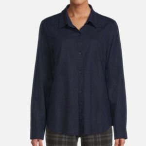 Needle & Cloth Women S 4-6 Navy Blue Linen Blend Long Sleeve Button Front Shirt
